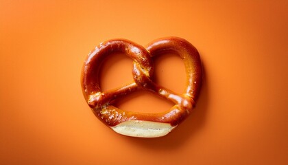 A single pretzel on a orange table surface; food photography; fresh pretzel on a orange background; a freshly baked pretzel from a top angle view; a pretzel on a table