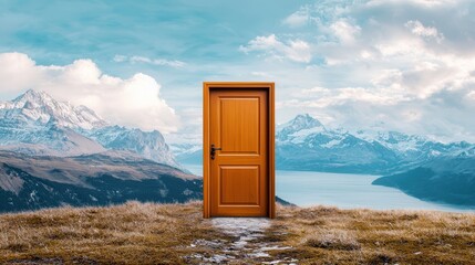 An Inviting Door Ajar Reveals a Breathtaking Landscape with Mountains, Lake, and Sky at Dusk in a Stunning Natural Setting