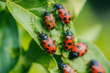 Fototapeta premium Red and black beetles on green leaf.