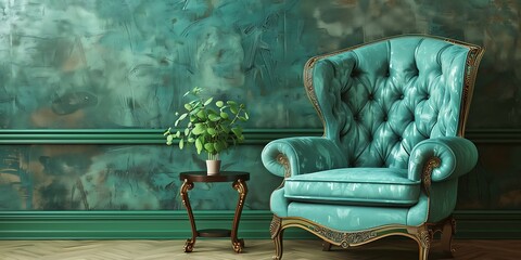 Chair and turquoise sofa in green living room interior with aleaves wallpaper and table. Real photo