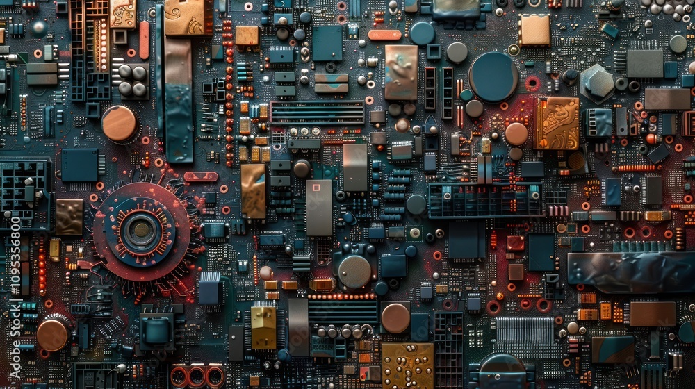 Poster a detailed close-up of a complex circuit board showcasing various electronic components.