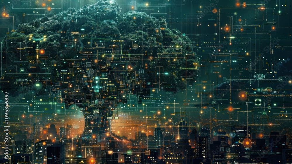 Poster a digital tree intertwined with circuitry, symbolizing the fusion of nature and technology.