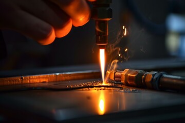 Close up of a technician's hand operating a welding torch, joining metal components, generating sparks and smoke in a dimly lit workshop