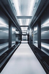 Industrial metallic corridor, unfurling material.