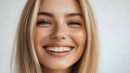 blondynka, proste włosy, portret kobiety, aparat Canon EOS 5D Mark IV, uśmiech z zębami, profesjonalna fotografia, fotografia studyjna, realistyczny portret, ciepłe oświetlenie, ujęcie z bliska, natur
