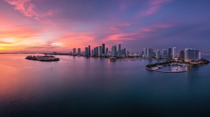 Fototapeta premium Miami Skyline at Sunrise: A Breathtaking Aerial Panorama