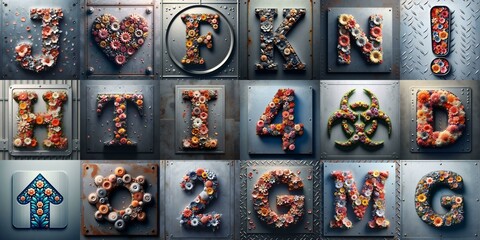 Fototapeta premium Flowers on the vintage metal plate typography. AI generated illustration