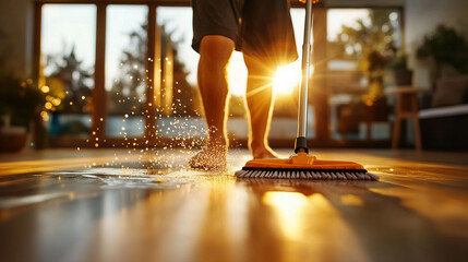 Banner featuring person cleaning wooden floor with mop during golden sunset light creating harmonious reflections everywhere.
