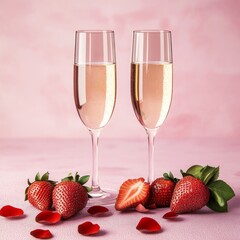 Valentine's Day. Two glasses of champagne with bubbles on a pink background with strawberries and rose petals. Declaration of love. Banner. Valentine's Day celebration. 