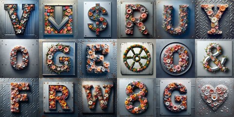 Fototapeta premium Flowers on the vintage metal plate typography. AI generated illustration