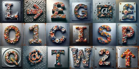 Flowers on the vintage metal plate typography. AI generated illustration