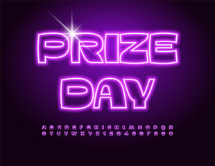 Vector event badge Prize Day.  Fashion Neon Font. Violet Electric Alphabet Letters and Numbers.
