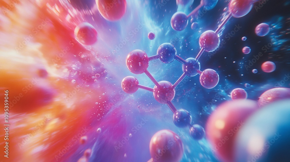 Poster abstract molecule model in vibrant colors and dynamic motion.