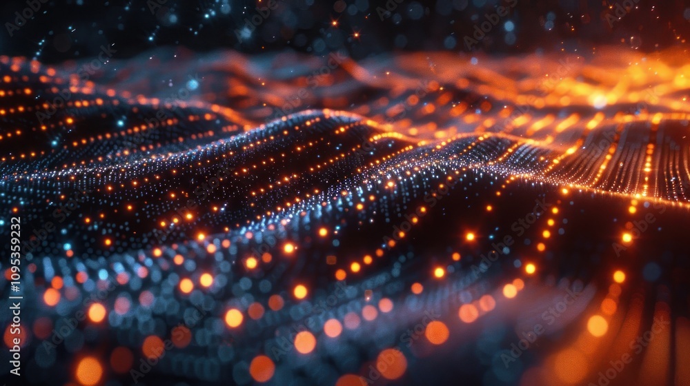 Poster a digital wave of glowing particles in blue and orange, representing data visualization.