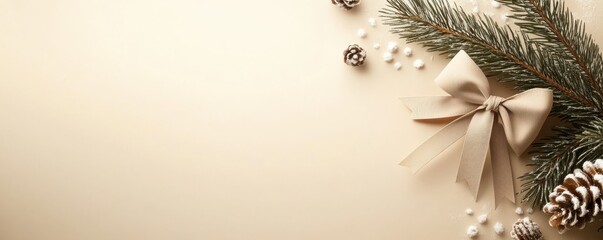 Naklejka premium A festive arrangement featuring pine branches, pinecones, and a delicate ribbon against a soft, neutral background, perfect for holiday celebrations.