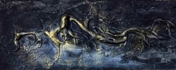 Contemporary high texture abstract painting in natural gold dark brown background composition