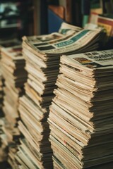 Fototapeta premium Stacked newspapers and magazines, vintage feel.