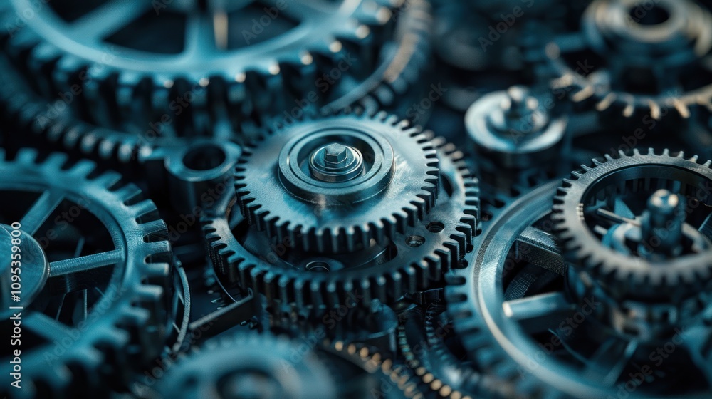 Poster a close-up of intricate metallic gears, showcasing their design and functionality.