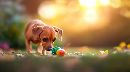 Banner of an adorable puppy playing with a toy on a sunlit grassy field, surrounded by nature