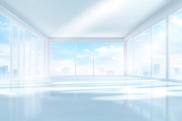 Fototapeta premium 広々とした明るい部屋から見る青空と都会の景色