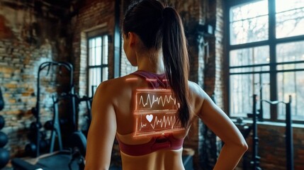 Female athlete working out at a gym with heart rate monitors on a futuristic digital screen. Digital sport concept
