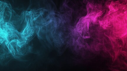 Obraz premium An abstract representation of duality with vibrant teal and magenta smoke clouds swirling on a dark background, evoking contrast and balance in a dynamic composition