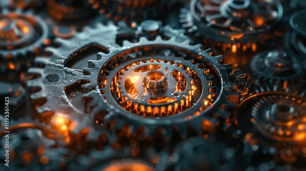 Poster close-up of intricate gears with glowing effects, showcasing mechanical design and engineering.