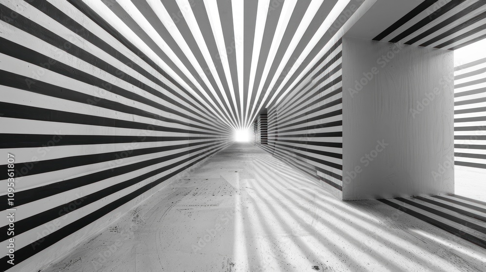 Aufkleber a black and white corridor with striking striped patterns creating a sense of depth.