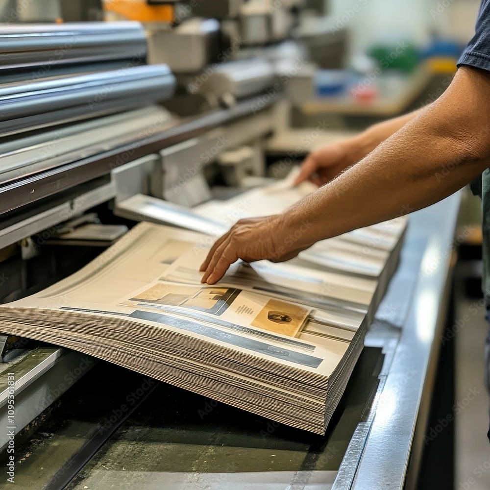 Poster worker handling a stack of printed materials.