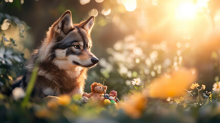 Banner featuring husky staring thoughtfully toys amidst vibrant flowers highlighted glowing sunset tones enchanting whimsical natural scene