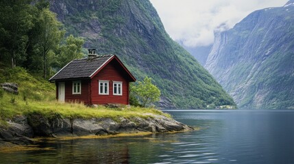 Fototapeta premium Secluded Red Cabin by Fjord, Norway: A Peaceful Mountain Lake Escape