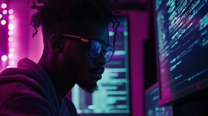 Young programmer working intently at night with multiple screens and code reflections on glasses.
