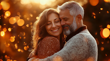 A heartwarming banner featuring a couple embracing with warm, glowing tones and a blissful expression of love outdoors