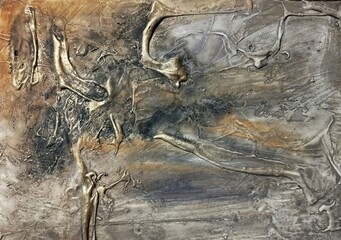 Contemporary high texture abstract painting in natural gold dark brown background composition