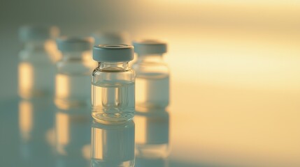Set of small glass vials containing liquid medication, neatly arranged on a smooth white surface, featuring subtle reflections and a clean minimalist presentation for medical purposes.