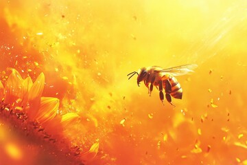 Naklejka premium Honeybee flies through golden sunflower pollen.