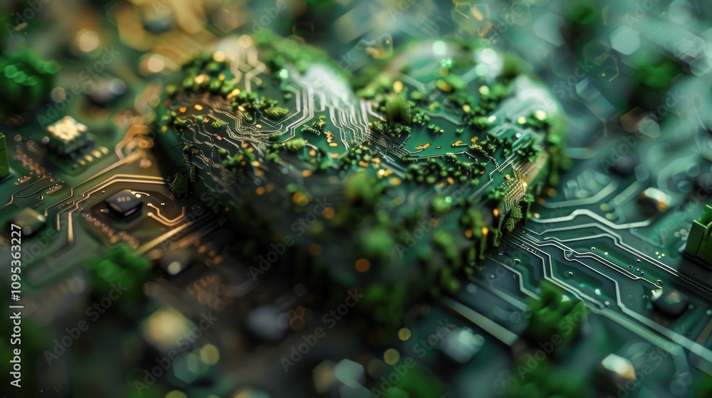Poster a heart-shaped structure made of circuit patterns and greenery, symbolizing tech and nature.