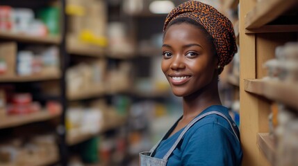 Naklejka premium Smiling young woman standing in a workshop, surrounded by shelves of materials and tools.
