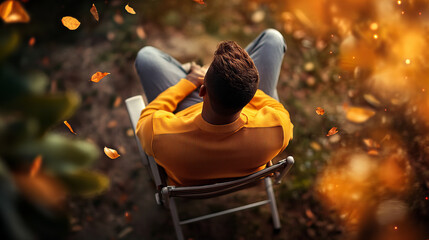 Banner of person sitting alone outside surrounded by falling autumn leaves reflecting thoughts yellow mood