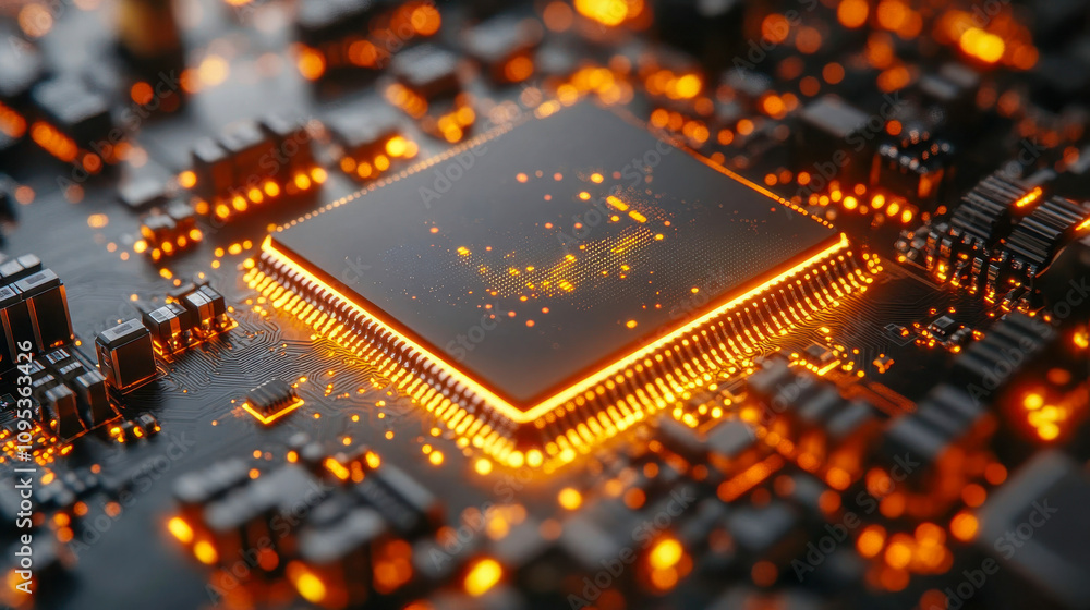 Poster close-up of a glowing microchip on a circuit board, representing technology and blockchain innovatio