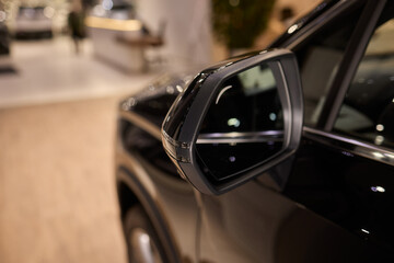 An elegant closeup shot of a sleek car side mirror showcasing its design and details