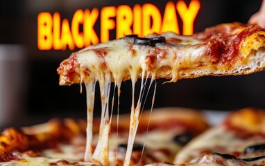 A close-up of a slice of cheesy pizza being lifted, strings of cheese stretching, with the glowing text "BLACK FRIDAY" integrated into the background 