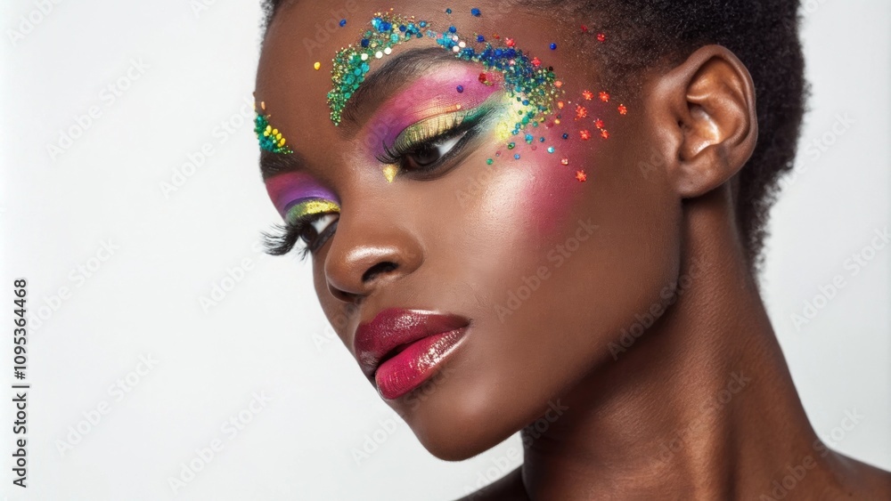 Poster in this portrait a striking figure features multicolored neon glitter cascading over her brows and c