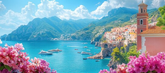 Stunning panoramic view of the Amalfi Coast featuring boats and vibrant cliffs.