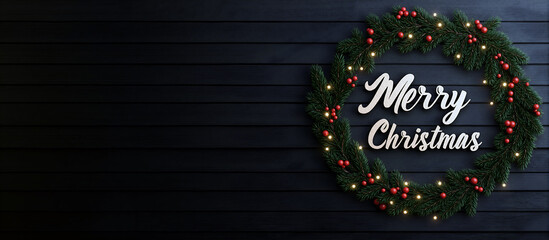Merry Christmas greeting in wreath on black wood background in top view with copy space for text. For Christmas day horizontal banner