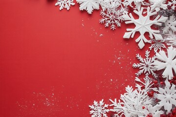 Red Christmas Background with Snowflake Decorations and Glitter Accents