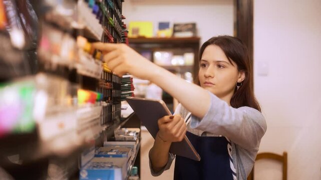 Focused store employee checking inventory and organizing products on the shelf. Female manager carefully examining items while holding a digital tablet in a retail store