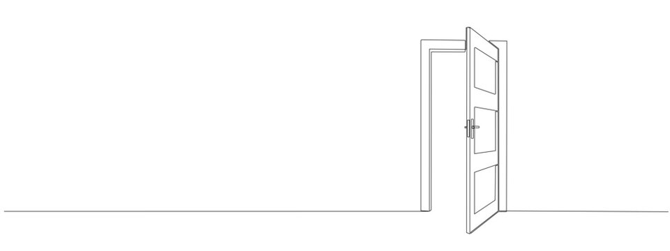 Open door with one continuous line . Single line editable drawing of office entrance. Vector illustration