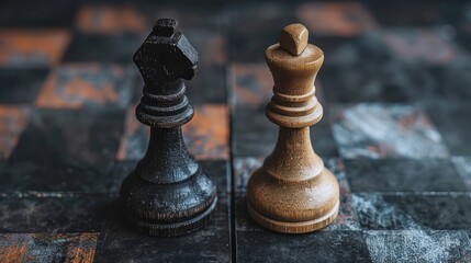 Fototapeta premium A close-up of a black knight and a light king chess piece on a textured board.