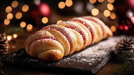 A long pastry covered in powdered sugar and red jam
